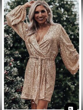 NWT Impressions Boutique Gold Sequin Belted Wrap Dress